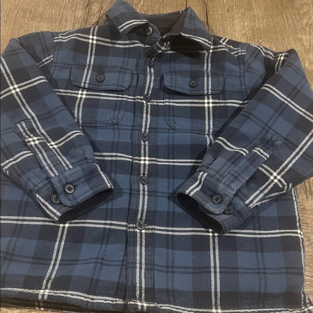 Kids L.L.Bean Navy Blue Plaid Button-Up fleece lined Shirt